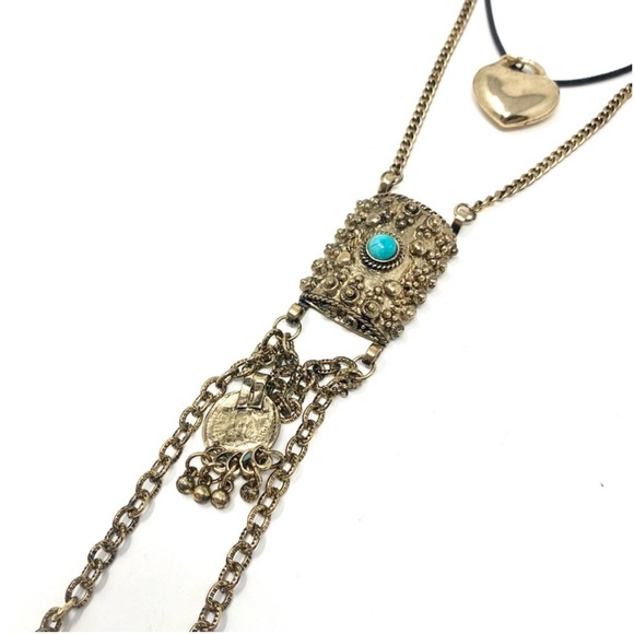 NWT Free People For What It's Worth Layered Necklace on Gold & Turquoise Combo - Picture 6 of 9